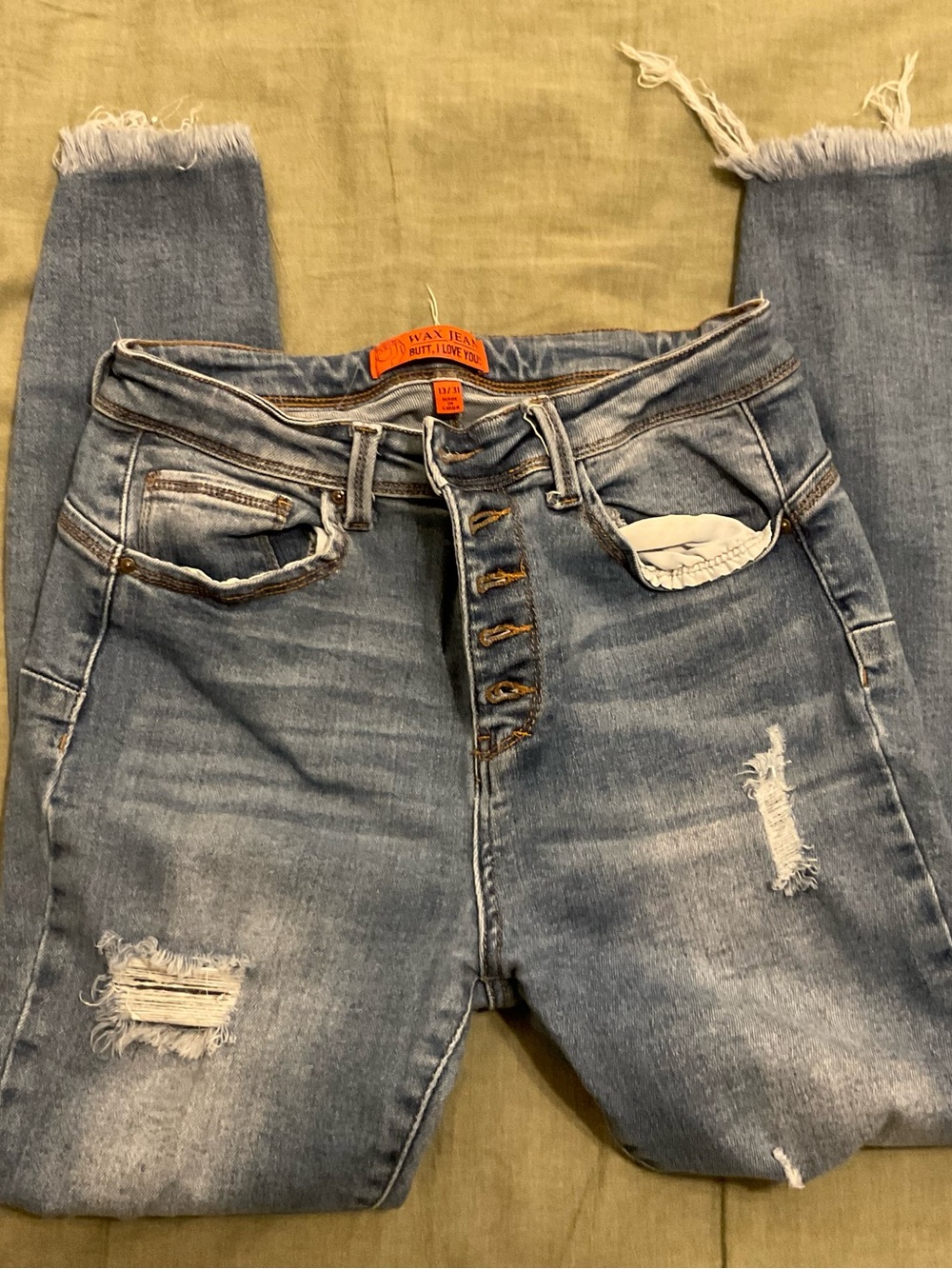 Wax Jean High-Rise Distressed Medium Blue Button-Fly Jeans
